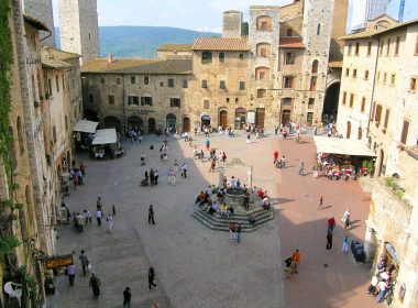 Piazza della Cisterna, S. Gimignano, from the tower bedroom of Villa Zefferano